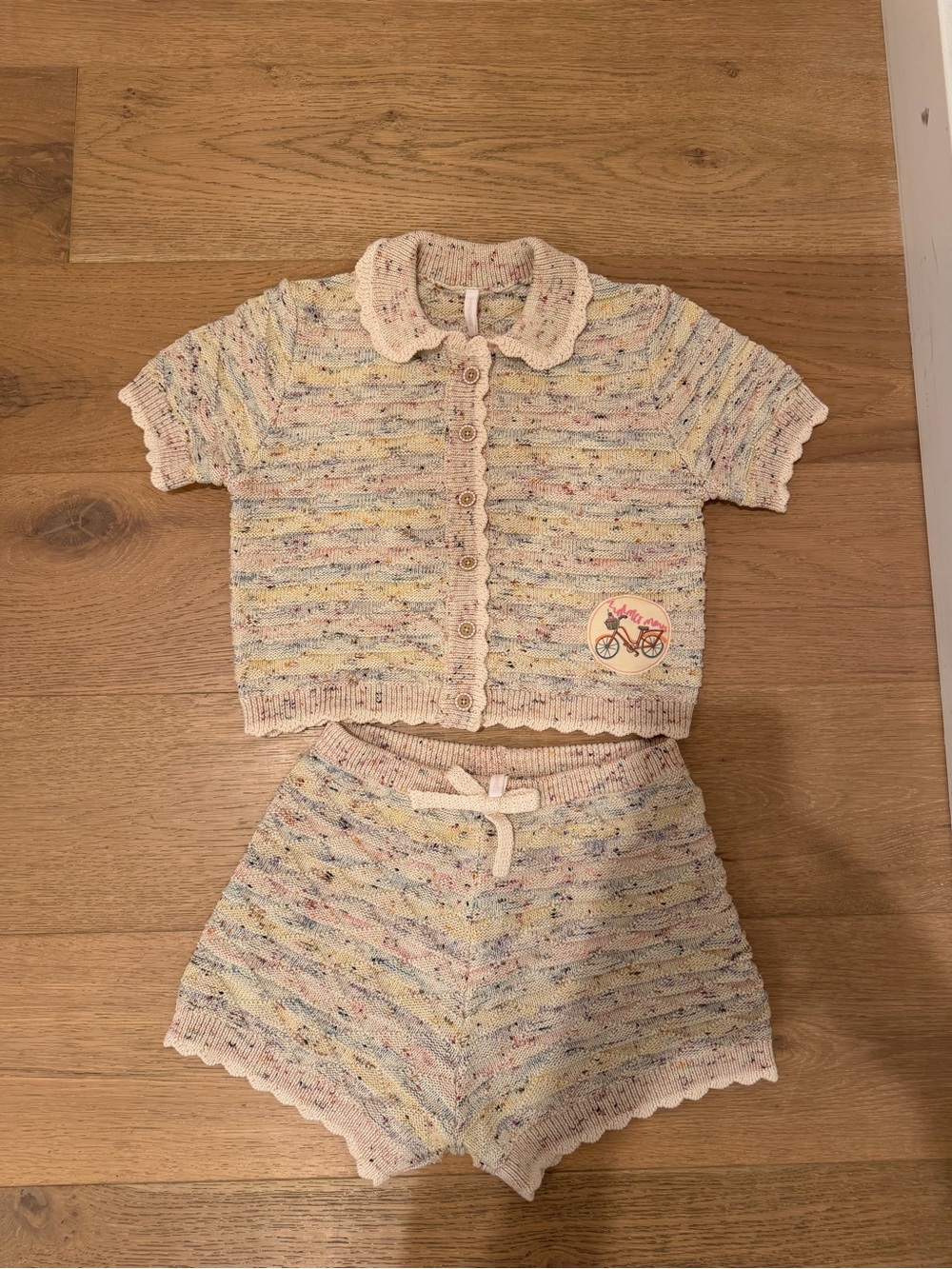 Zimmermann Kids Pastel Speckled Knit Short Set with Bicycle Patch